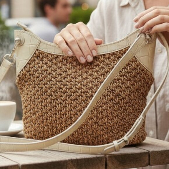 Brighton Handbags - Brighton Natural Woven Basket Weave White Croc Accent Cross Body Shoulder Bag